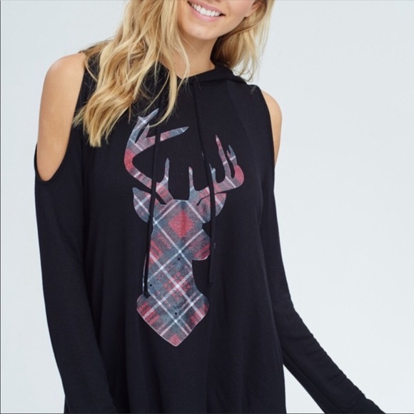 Christmas Reindeer Hoodie, Black & Red Xmas Top - Picture 2 of 6